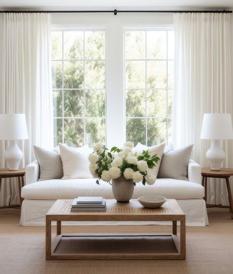 Sofa In Front Of French Doors, Living Room With Bay Window Layout Ideas, White Curtains White Walls, White Drapes Living Room, White Lounge Room, Living Room Big Windows, Large Window Curtains, Plank And Pillow, French Doors Living Room