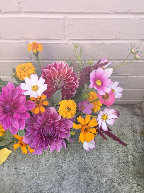 Boheme Bouquets - arrangement of dahlias marigolds, Cosmo‘s and sage from the garden Cosmos And Marigold Bouquet, Cosmos Flower Bouquet, Cosmo Bouquet, Marigold And Cosmos, Cosmos Bouquet, Naruto Shippuden The Movie, Flower Bouquet Tattoo, The Northman, Bouquet Tattoo