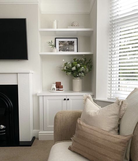 Built In Cupboards Living Room, Living Room Shelving, Alcove Ideas Living Room, Living Room Cupboards, Built In Shelves Living Room, Victorian Living Room, Shelf Decor Living Room, Living Room Reveal, Living Tv