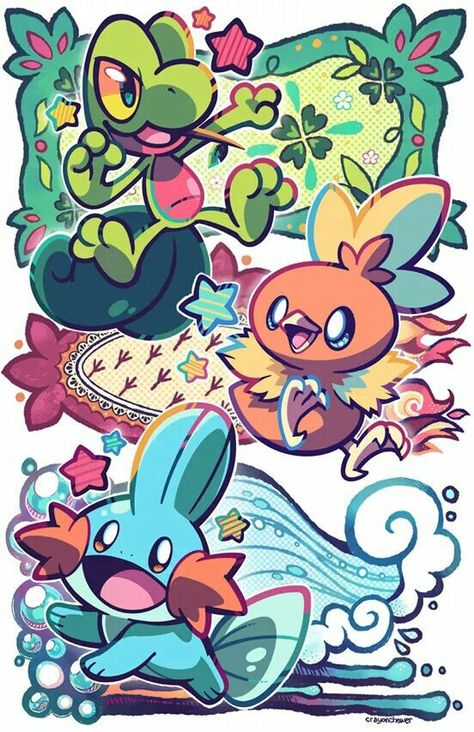 Hoenn Starters by Crayon Chewer Pokemon Go Cheats, Pokemon Blanket, Kartu Pokemon, Eevee Evolution, Pokemon Starters, Games Christmas, Pokemon Tattoo, Cute Pokemon Pictures, Eevee Evolutions