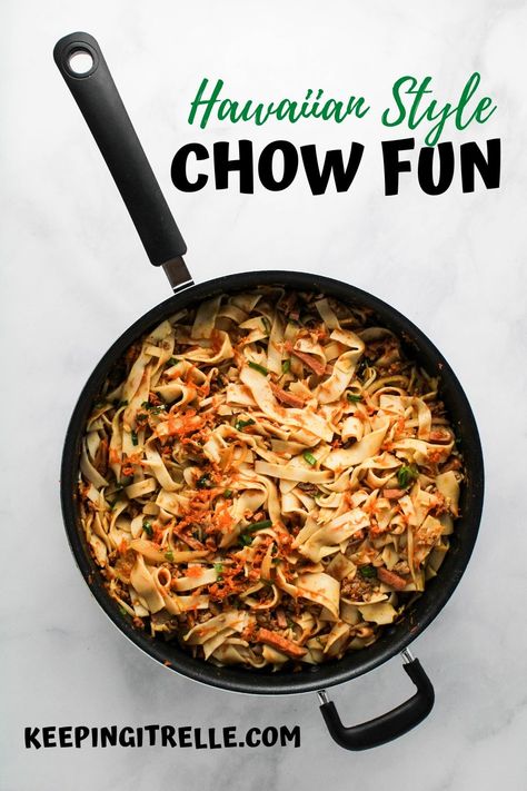 Chow Fun Recipe Hawaiian, Hawaiian Noodles, Hawaiian Chow Fun Recipe, Shrimp Chow Fun Recipe, Pork Chow Fun Recipe, Spam Bites, Polynesian Recipes, Chow Fun Noodles, Chow Fun Recipe