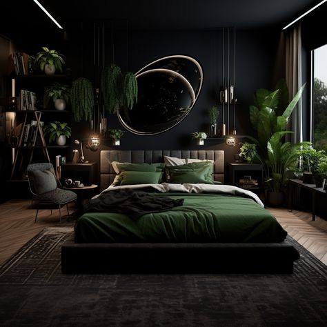 Step into this stunning bedroom where cosmic vibes meet earthy greens. The bold black walls and vibrant plants create a serene yet edgy sanctuary perfect for unwinding. 🌌💚 What’s your favorite part of this celestial-inspired retreat? Let me know below! #BedroomGoals #CosmicDecor #GreenAndBlack #ModernBedroom #InteriorDesignInspiration #EarthyVibes #BoldInteriors #NatureInspired #LuxuryBedroom #InteriorGoals #DesignInspo #HomeDecorLovers #ContemporaryLiving #SereneSpaces #DreamBedroom #Modern... Matt Black Bedroom, Black And Greenery Bedroom, Black And Green Modern Bedroom, Masculine Black Bedroom, Black Green Apartment, Black Color Scheme Bedroom, Emerald Green Bedroom Inspiration, Black Dark Green Bedroom, Black Gold Emerald Bedroom