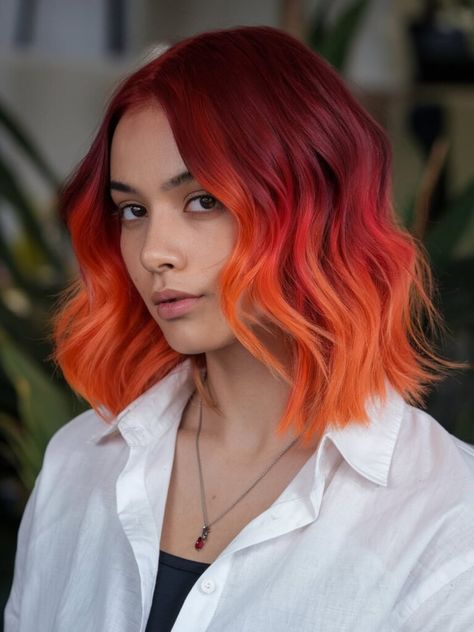 Sunset Hair Color Short, Fire Hair Color Short, Red And Orange Hair Color, Orange And Blue Hair, Fire Hair Color, Fire Ombre Hair, Orange Ombre Hair, Sunset Hair Color, Exotic Hair Color