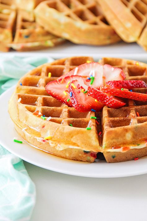 Cake Batter Waffles - So Delicious! - One Little Project Cake Batter Waffles Recipe, Confetti Waffles, Cake Batter Waffles, Birthday Cake Pancakes, One Little Project, Birthday Recipes, Waffle Iron Recipes, Kids Breakfast, Special Breakfast