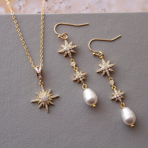 BEA // Gold Celestial Star Bridal jewelry Set Star necklace and earrings Wedding Earrings Pearl Drop Bridal Earrings CZ Wedding Jewelry set Elegant Crystal Jewelry, Pearl Drop Bridal Earrings, Wedding Jewellry, Wedding Earrings Pearl, Drop Bridal Earrings, Pearl Drop Earrings Bridal, Earrings Pearl Drop, Celestial Wedding, Wedding Jewelry Set