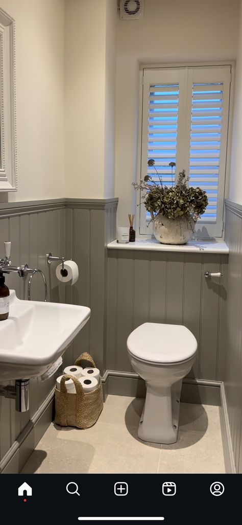 Square Downstairs Toilet Ideas, Downstairs Toilet Ideas Panelling, Small Bathroom Colours, Toilet Under Window, Toilet Panelling, Guest Toilet Ideas, Wc Chic, Small En Suite, Small Downstairs Toilet