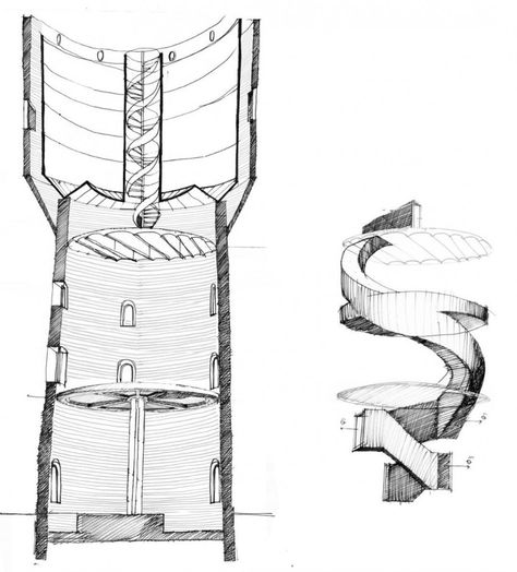 sketch Tower Architecture, Photography Sketch, Tower Design, Architecture Rendering, Brick Building, Water Tower, Architecture Sketch, Architecture Plan, Architecture Drawing