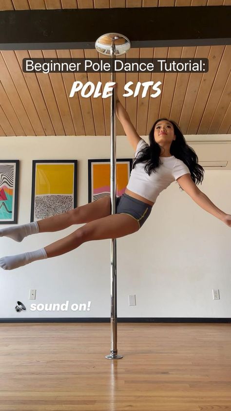 Pole Dance Spins Beginner, Martini Sit Pole, Beginner Pole Workout, Easy Pole Moves, Spinning Pole Tricks, Beginning Pole Dancing, Easy Beginner Pole Tricks, Pole Sit Pose, Dance Pole In Living Room