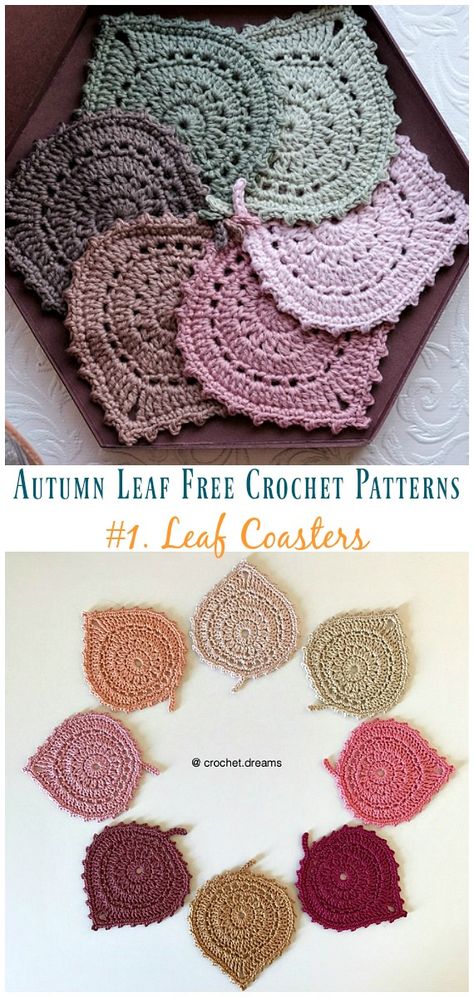 Leaf Coasters Crochet Free Pattern - Autumn #Leaf; Free #Crochet; Patterns Crochet Leaf Coaster With Pot, Crochet Placemats Free Pattern, Leaf Coaster, Leaf Coasters, Coasters Crochet, Crochet Coasters Free Pattern, Pattern Leaf, Easy Knitting Projects, Confection Au Crochet