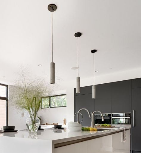 Nordic Style Kitchen, Lights Over Kitchen Island, Cylinder Lights, Pendant Lamps Kitchen, Cylinder Pendant Light, Concrete Light, Concrete Pendant Light, Concrete Pendant, Industrial Pendant Lights