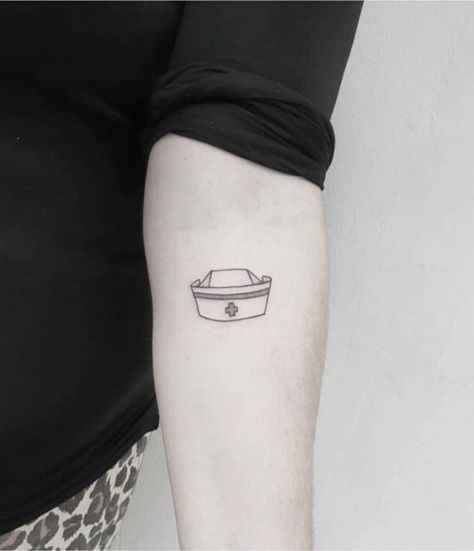 Nurse hat tattoo Nursing Hat Tattoo, Nurse Hat Tattoo Ideas, Nurses Hat Tattoo, Nurse Finger Tattoo, Nurse Tattoo Ideas Quotes, Health Care Worker Tattoo, Cute Nurse Tattoo Ideas, Nurses Tattoos Ideas, Matching Nurse Tattoos