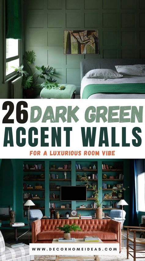 best dark green accent wall designs Dark Olive Green Feature Wall, Dark Green Wall With Gold Accents, Green Accent Wall With Black Furniture, Green Accent Tv Wall, Hunter Green Living Room Walls, Rooms With Dark Green Walls, Green Accent Wall Entryway, Moody Green Living Room Walls, Dark Green Panelled Wall