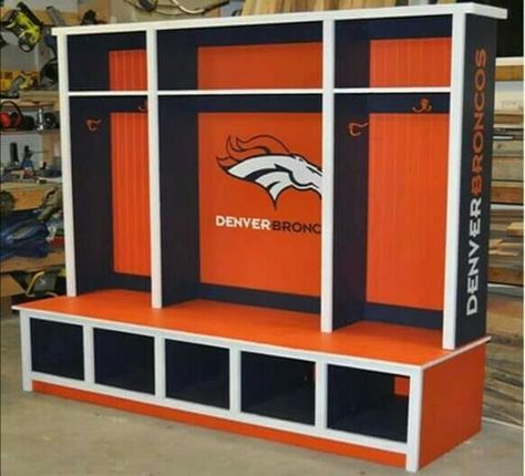 denver broncos man cave Man Cave Ideas Sports, Alabama Room, Sports Cave, Bars Ideas, Football Man Cave, Best Flooring For Basement, Football Rooms, Memorabilia Display, Home Bar Design