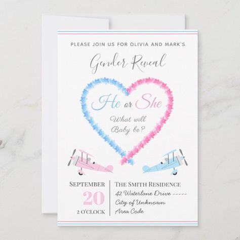 Blue Pink Love Heart Smoke Airplane Gender Reveal Invitation Airplane Gender Reveal, Gender Reveal Decor, Blue Airplane, Pink Love Heart, Pregnancy Announcements, Gender Reveal Invitations, Baby Gender Reveal, Reveal Ideas, Baby Gender