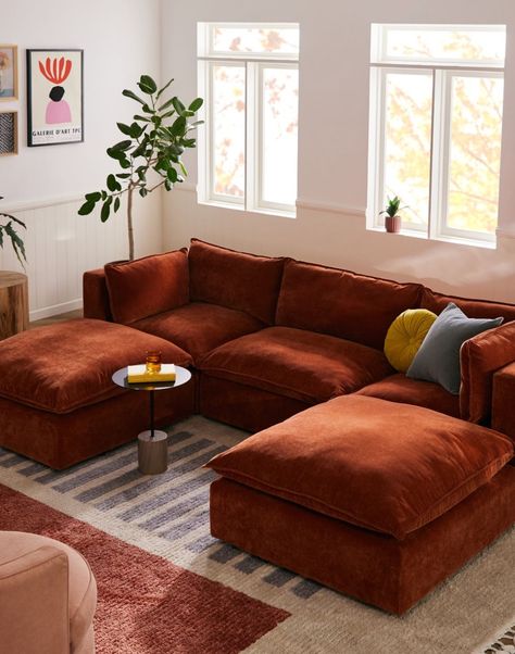 Burnt Orange Velvet Sofa, Burnt Orange Couch Living Room Ideas, Corduroy Sofa Living Room, Moroccan Apartment, Yellow Sofa Living Room, Burgundy Couch, Couch Rug, Beige Ottoman, Orange Couch