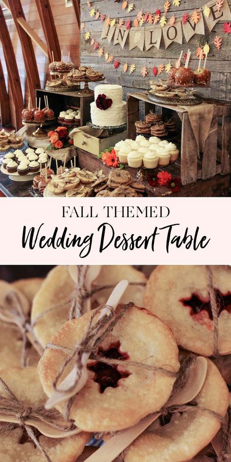 Falling in Love Fall Dessert Table | We created this Falling in Love themed dessert table for Ashly and Scott's fall wedding. The table was filled with caramel apples, cupcakes, mini pies, homestyle cookies, and a rustic buttercream cake. We loved how this table turned out! || JennyCookies.com Fall Bridal Shower Food, Fall Dessert Table Wedding, Fall Dessert Table, Wedding Reception Dessert Table, Fall Themed Desserts, Fall Wedding Desserts, Fall Desserts Table, Jenny Cookies, Dessert Bar Wedding