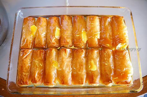 Kitchen Stories: Custard Filled Pastry Rolls-Galaktoboureko Greek Desert, Phyllo Dessert, Galaktoboureko Recipe, Greek Pastry, Pastry Rolls, Greek Turkey, Cypriot Food, Greek Recipes Authentic, Greek Pastries