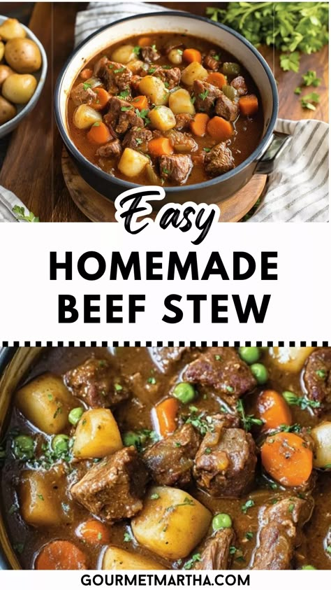 This cozy, hearty homemade beef stew is packed with tender beef, flavorful vegetables, and rich, savory broth. Perfect for chilly evenings, this one-pot meal is easy to make and will fill your home with comforting aromas. Get inspired in the kitchen – grab the recipe now #homemadestew #beefstewrecipe #easydinnerideas #comfortfood #fallrecipes #onepotmeals #beefrecipe #heartymeals #stew Beef Stew Over Biscuits, Easy Homemade Beef Stew, Beef Carrots And Potatoes, Stewing Beef, Homemade Beef Stew Recipes, Beef Stew Meat Recipes, Beef Stew Recipes, Classic Beef Stew, Crockpot Recipes Beef Stew