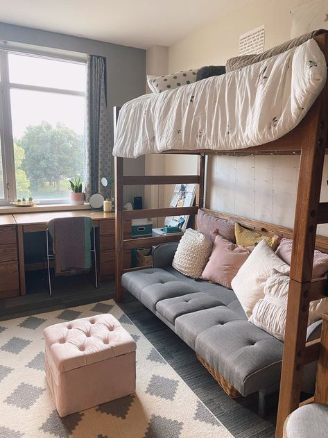 Futon Dorm Room Layout, Loft Bed Over Futon, Couch Under Bed Dorm, Couch Under Dorm Bed, Dorm Room Ideas With Futon, Futon Dorm Room, Lofted Bed With Couch, Dorm Room Ideas With Couch, Loft Bed With Futon Underneath