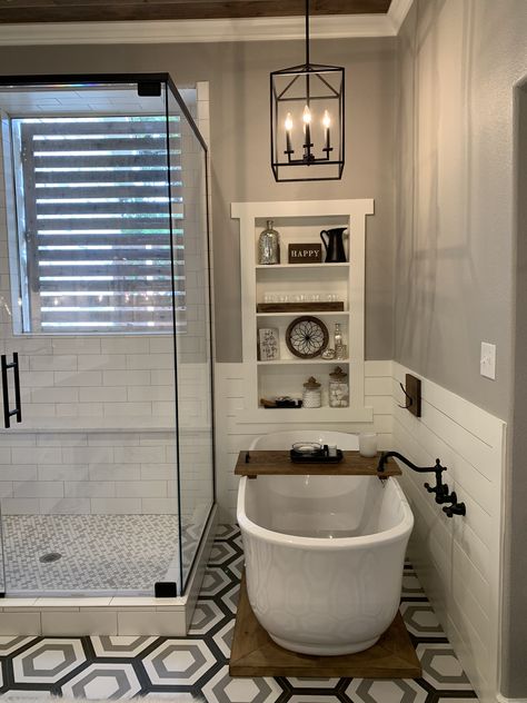 Galley Style Master Bath, Bathrooms With Separate Shower And Bath, Adding A Bathroom To A House, Renovating Bathroom Ideas, Fiberglass Shower Master Bath, Farmhouse Soaking Tub, Spalike Master Bath, Bathroom With Drain In Floor, 9x9 Bathroom Layout