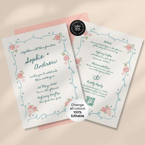 🌟 Hand Drawn Floral Wedding Invitation Template, Whimsical Hand Written Save The Date, Pastel Wedding  Illustration, Unique Garden Party in hand drawn illustration makes the perfect card template to add a touch of funky, preppy & modern spice to your wedding celebrations. 🌟 VIEW DEMO TEMPLATE 🌟 http://tinyurl.com/yzdhjhdm 🌟 MATCHING SETS 🌟 https://www.etsy.com/shop/SugarAndSpize?ref=seller-platform-mcnav&search_query=022 ♡ WHAT YOU GET 👉🏻 2 Canva Templates  100% fully editable text and images (edit, resize & recolor). Templates will include front & back designs. In both US (in) & A (cm) sizes. BONUS page of illustrations are also included.  Simply copy and replace any illustrations as intended. Sizes included: ① US 5 x 7in (FRONT & BACK) ② A5 14.8 x 21cm (FRONT & BACK) ♡ HOW TO PRIN Wedding Invitations Pastel, Wedding Invitations Illustration, Whimsical Floral Wedding, Pastel Wedding Invitations, Whimsical Wedding Invitations, Hand Drawn Wedding Invitations, Cornish Wedding, Hand Drawn Wedding, Floral Save The Dates