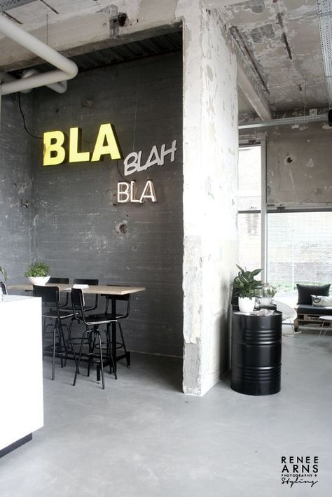 Kitchen. Chalk. Neon. Wall. Concrete. Home. Industrial. Design. #Interior | caferacerpasion. Com Startup Office Design, Startup Office, Decor Ikea, Modern Restaurant, Design Del Prodotto, Restaurant Interior Design, Eindhoven, Black Kitchens, Restaurant Interior