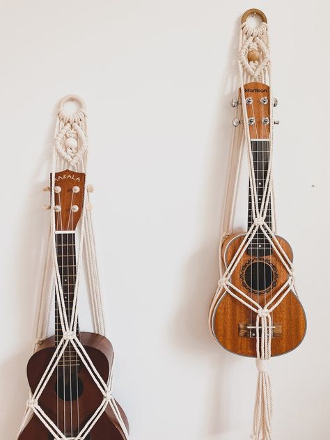 Macrame Ukulele Hanger, Ukulele Sizes, Ukulele Hanger, Instrument Wall, Baritone Ukulele, Beads Rings, Music Wall Decor, Instrument Music, Wall Decor Unique