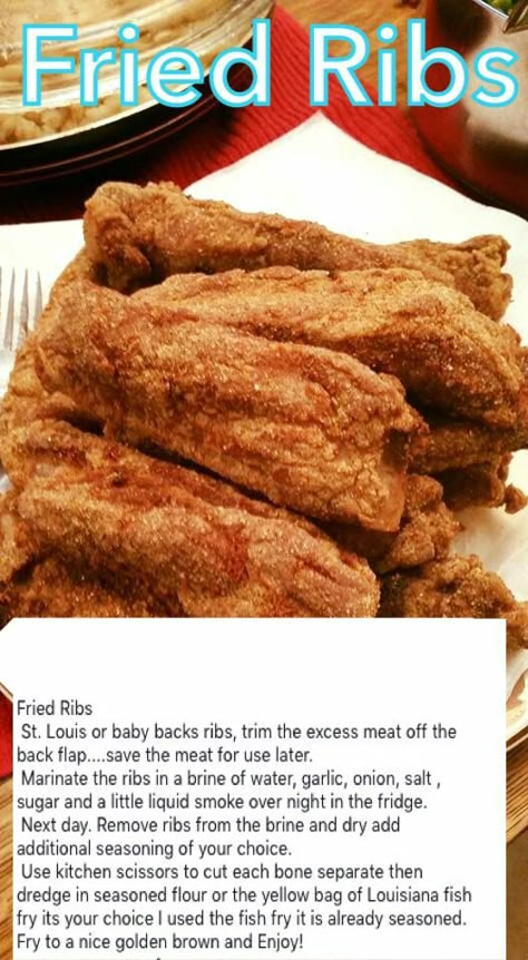 Fried ribs.   JAM note ingredients, marinade, Uses seasoned Louisiana fish fry Iheartrecipes Soul Food, Deep Fried Pork Ribs Recipe, Fried Ribs Recipe, Fried Ribs, Louisiana Fish Fry, Tik Tok Videos Funny, Pork Rib Recipes, Mapo Tofu, Southern Recipes Soul Food