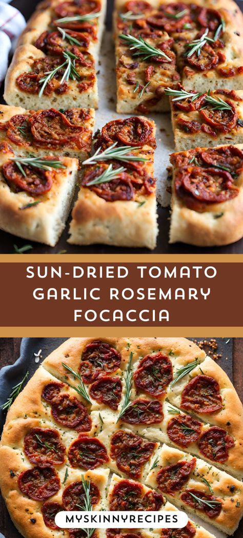 ✨ Dive into the irresistible scent of freshly baked Sun-Dried Tomato Garlic Rosemary Focaccia! 🍅🌿 This simple recipe yields a fluffy bread topped with savory sun-dried tomatoes, aromatic garlic, and fragrant rosemary. Perfect for sharing with loved ones or as a tasty snack. Get ready to elevate your baking game with this delightful treat! Find more delicious recipes on our Pinterest board! 🥖😋#myskinnyrecipes #Focaccia #HomemadeBread #BakingInspiration Sundried Tomato Foccacia Bread Recipes, Foccacia Bread With Tomatoes, Sun Dried Tomato Focaccia, Sundried Tomato Focaccia Bread, Sun Dried Tomato Bread, Foccacia Bread, Rosemary Recipes, Fluffy Bread, Rosemary Focaccia