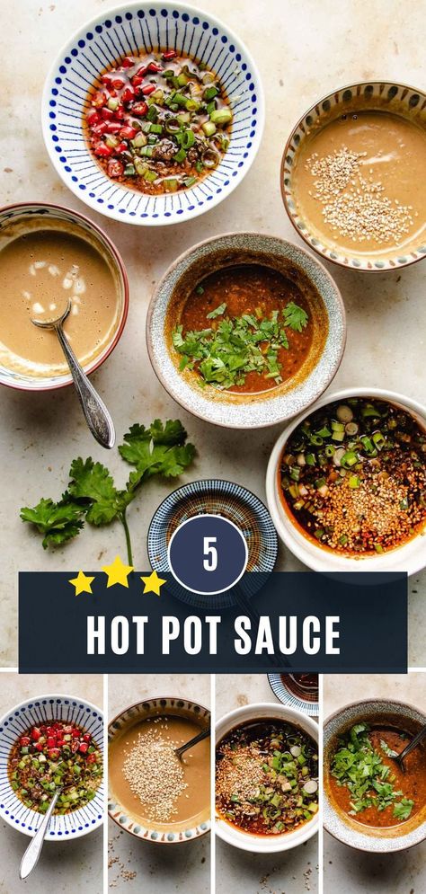 Hotpot sauces with 5 different flavors you can use for hot pot dipping! From Chinese steamboat to Japanese shabu, they are the must-have condiments for hot pot at home! #condiments #sauce #hotpotsauces #hotpot #chineserecipes #dressing #hotpot Hot Pot Sauces, Hotpot Dipping Sauce Recipe, Hot Pot Sauce Recipe, Hot Pot Broth Recipe, Korean Hot Pot Recipe, Hotpot Dipping Sauce, Hot Pot Dipping Sauce Recipe, Shabu Shabu Sauce, Hot Pot Recipes