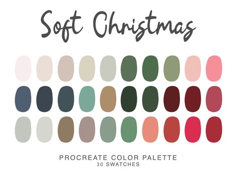 Christmas Procreate Color Palette, iPad Procreate Illustration, Soft Christmas color swatches for Procreate Art door VIBESLABEL op Etsy Procreate Christmas Palette, Soft Christmas Color Palette, Christmas Procreate Palette, Color Pallet Christmas, Procreate Palates, Christmas Color Palette 2023, Christmas Color Pallets, Boho Christmas Color Palette, Christmas Pallete Color