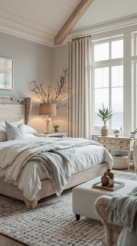 coastal bedroom decorating Coastal Farmhouse Bedroom Dark Furniture, Sea Salt Guest Bedroom, Coastal Bedroom With Sleigh Bed, Coastal Master Suite Ideas, Coastal Classy Bedroom, Coastal Bedroom Blue Walls, Beautiful Coastal Bedrooms, Coastal Grey Bedroom, Coastal Southern Bedroom