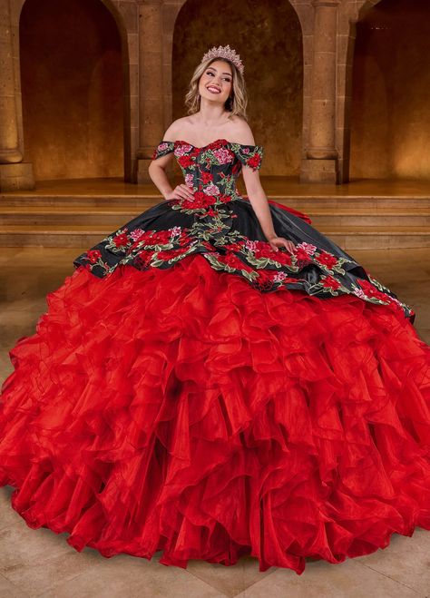 Customized  Luxury Red Black Strapless Lace-up Quinceanera Dress Mexican Flower Embroidery Bow Red Charro Quince, Quinceanera Charro, Dama Dresses Quinceanera, Quinceanera Dresses Ideas, Quinceanera Party Ideas, Quinceanera Dress Ideas, Quince Dress Ideas, 1500 Dresses, 15 Party Ideas Quinceanera