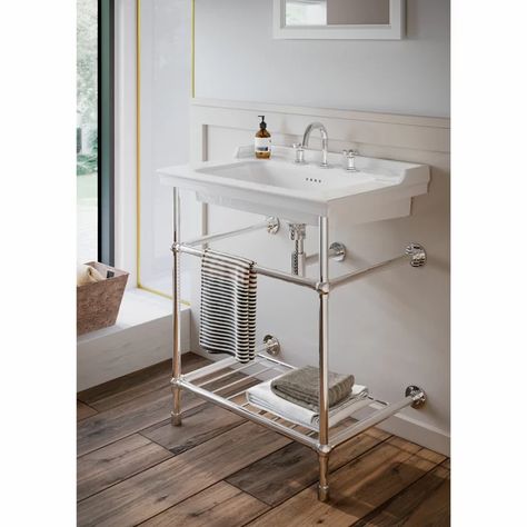 CheviotProducts White/Chrome Fireclay Rectangular Console Bathroom Sink with Overflow | Wayfair Console Sink Bathroom, Edwardian Bathroom, Bathroom Console, Console Bathroom Sink, Rectangular Sink Bathroom, Cottage Plans, Console Sink, Console Sinks, White Chrome