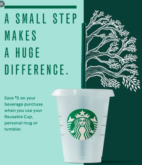 This Starbucks advertisement promotes a reusable cup - whether it be your own personal mug or one you bought from Starbucks. it uses a logical appeal because it offers money off when you use the reusable cup but it also is in efforts to be more sustainable for the earth. Starbucks Promotion Design, Starbucks Advertisement Poster, Starbucks Design Poster, 5 Starbucks Drinks, Starbucks Promotion, Starbucks Poster, Coffee Marketing, Sustainable Branding, Starbucks Chalkboard