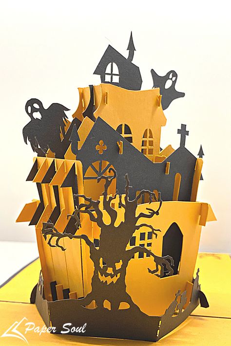 3d Haunted House, Halloween Paper Decorations, Halloween Papercraft, Orange Sheets, Pop Up Card Templates, Halloween Paper Crafts, Black Sheets, Spooky House, Cricut Halloween