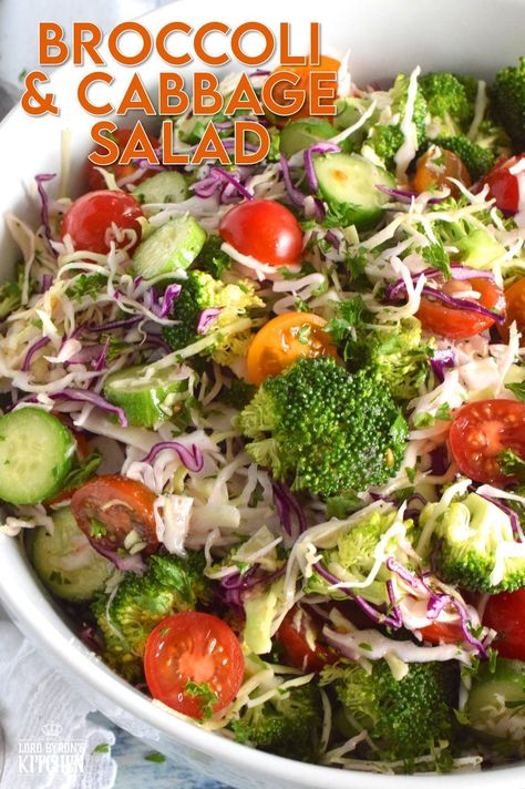 This salad is as fresh and as crisp as a salad can be! Loaded with both red and green cabbage, broccoli florets, tomatoes, and cucumbers, and tossed with an oil and vinegar dressing, this salad is light, healthy, and colourful. Perfect as a summer side, great for picnics, and can be made ahead of time too! #cabbage #salad #broccoli #side #summer #vinaigrette Summer Vinaigrette, Oil And Vinegar Dressing, Cabbage Broccoli, Salad Broccoli, Tomatoes And Cucumbers, Vinegar Cucumbers, Vinegar Dressing, Cabbage Salad, Cucumber Tomato