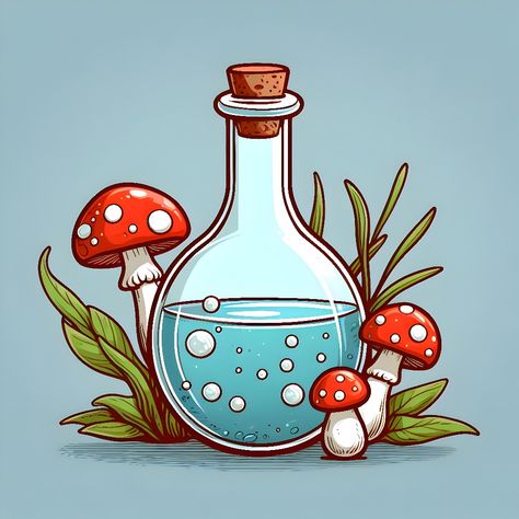 Mushroom In Bottle Drawing, Mushroom And Plants Drawing, Mashrooms Drawing Aesthetic, Dreamcore Art, Cute Mooshroom Art, Magic Props, Halloween Doodles, Magic Mushroom Art Trippy, Bottle Drawing