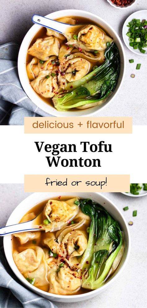 Filled with a flavorful veggie and tofu filling, these vegan wontons will impress even non-vegans! They are incredibly versatile and can be used to make wonton soup or fried wontons. This recipe is also quick and easy to make! Veg Wonton Recipes, Vegan Wontons, Vegan Wonton, Vegetarian Wonton, Vegetarian Recipes Tofu, Vegan Winter Recipes, Vegetarian Asian, Healthy Board, Tofu Recipes Easy