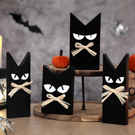 PRICES MAY VARY. EXCELLENT QUANTITY SIZE: You will receive 4 different designs of Halloween black cat wooden table decorations. The size is about 3.4x 6.4 inches, 2.7x 7 inches, 2.5x 7 inches, 3.4x 5.2 inches, 0.7 inches thick to support it to stand on its own, suitable for most tables and tiered trays. You can combine the decorations to bring a strong Halloween atmosphere to your home. DURABLE WOOD: The wooden black cat decorations are made of high quality natural wood material, more sturdy and Black Fall Decor, Cat Halloween Decorations, Wood Ghost, Pumpkin Fairy House, Pumpkin Fairy, Cat Decorations, Cat Table, Crafts 2024, Halloween Tiered Tray Decor