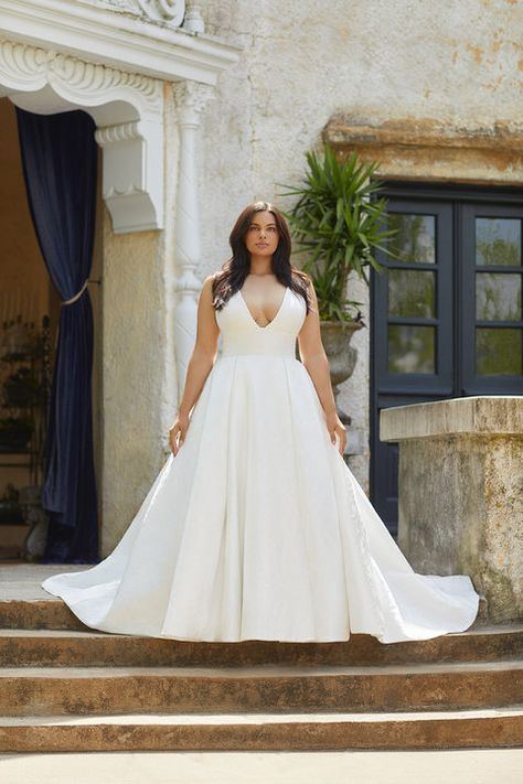 Deep Plunge A Line Wedding Dress, V Neck A Line Wedding Dress Plus Size, V-neck Wedding Dress With Sweep Train, V Neck A Line Wedding Dress, Deep V A Line Wedding Dress Plus Size, Plunge Neck Wedding Dress Revelle, Allison Webb, Jlm Couture, Chelsea Wedding