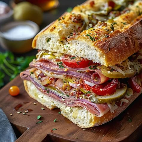 Recette authentique de sandwich Muffaletta Tapenade Sandwich, Party Subs Sandwiches, Sandwich Wrapping, Muffleta Sandwich, Muffeleta Sandwich, Mufalleta Sandwich, Muffalata Sandwich Recipes, Muffelata Sandwich Recipe, Muffaletta Sandwich Recipe