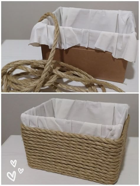 Diy Hanging Storage Baskets, Rope Box Diy, Storage Box Decoration Ideas, Weave Basket Diy, Recycle Boxes Ideas, Box Recycle Ideas, Diy Boho Decor Bedroom Projects, Diy Rope Design, Diy Storage Box