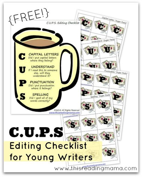 FREE Editing Checklist for Young Writers ~ C for Capital Letters ~ U for Understand ~ P for Punctuation ~ S for Spelling | This Reading Mama Spelling Ideas, Cups Writing, Editing Checklist, Second Grade Writing, 3rd Grade Writing, 2nd Grade Writing, Homeschool Writing, Spelling Test, 4th Grade Writing