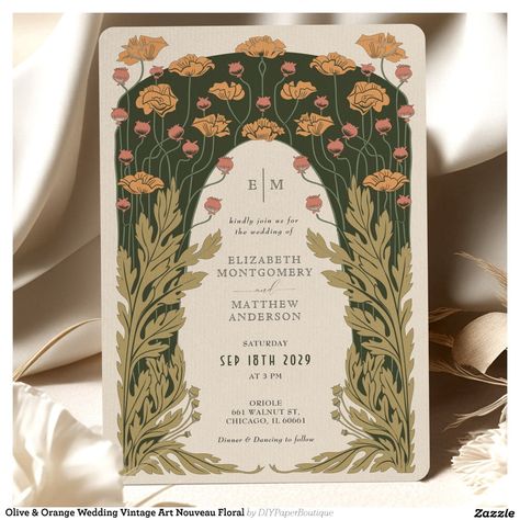 Art Nouveau Floral, Wedding Garden, Wedding Vintage, Orange Wedding, Floral Invitation, Wedding Invitation Design, Wedding Invitation Templates, Vintage Art, Art Nouveau