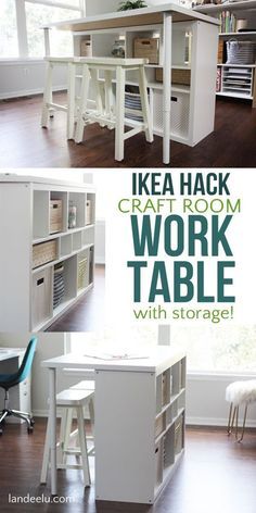 This is an awesome DIY Ikea Hack craft room table! I've been trying to figure out how to make one. This looks amazing! And only $160! Craft Room Table, Craft Room Tables, Ikea Crafts, Craft Table Diy, Easy Ikea Hack, Dream Craft Room, Craft Room Design, Diy Ikea Hacks, Ikea Hackers