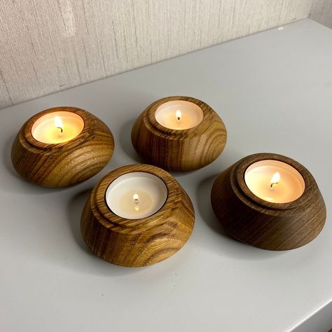 Set of 4 Chestnut and Walnut Wooden Tealight Candle Holders | Wood Turned Candle Holders, Turned Candle Holders, How To Varnish Wood, Coffee Table Farmhouse, Wooden Candle Holders, Wood Candle Holders, Wooden Candles, Wood Candles, Candle Holder Set