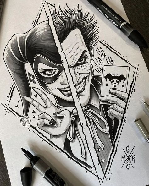 Artist || Logo Maker’s Instagram post: “Rate it from 1 - 10 !! Follow @theartsblack for more!!! 📥DM for paid feature & Commission Work By: @g.rem_blackheroin Note--DM IF YOU'VE…” Joker Drawing Easy, Joker And Harley Tattoo, Joker Sketch, Joker Y Harley Quinn, Dandelion Drawing, Harley Tattoos, Joker Tattoo Design, Harley Quinn Tattoo, Joker Drawings