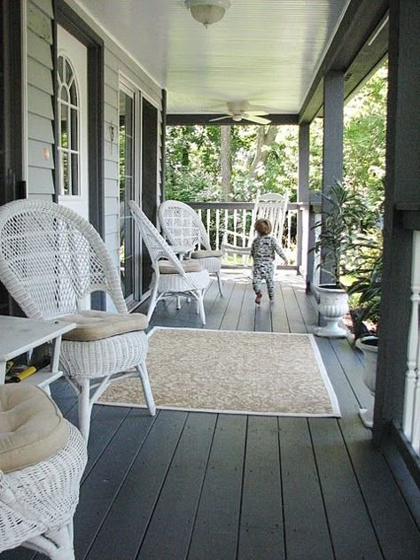 porch - could paint the floor a charcoal gray Gray Painted Furniture, Grey Front Doors, Black And White Furniture, Porch Paint, Painted Front Porches, Porch Colors, Porch Makeover, Porch Flooring, Patio Flooring