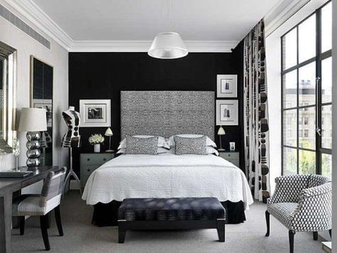 Love the one black wall...Carissa wants a purple and black room. White Girls Bedroom, Black White Rooms, Hotel Style Bedroom, Black White Bedrooms, White Bedroom Design, Girls Bedroom Furniture, White Bedroom Decor, Hotel Room Design, Grey Bedroom